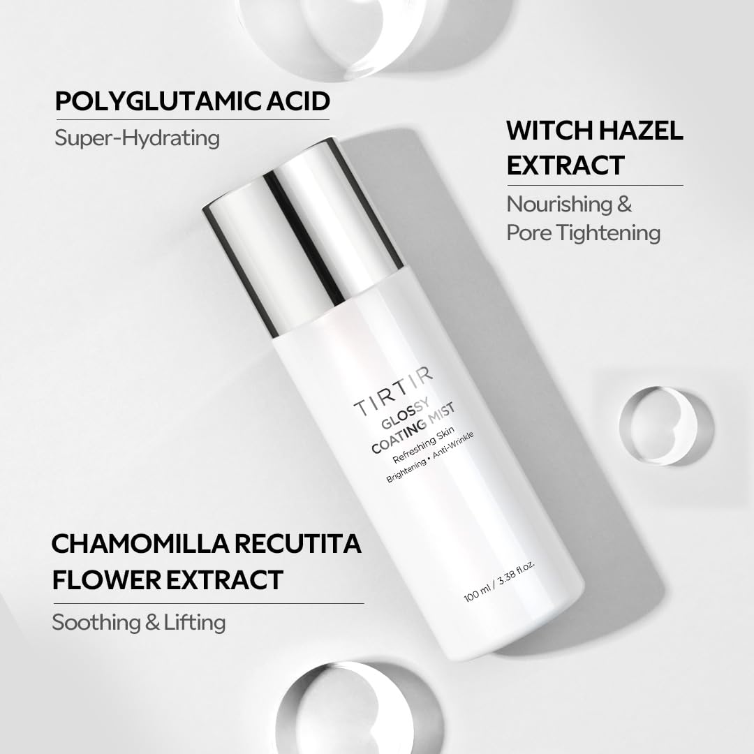 TIRTIR Glossy Coating Mist 100ml, Illuminating Polyglutamic Acid Face Mist for Fresh, Glowing Skin,Cooling, Soothing, Makeup Prep Spray tirtir