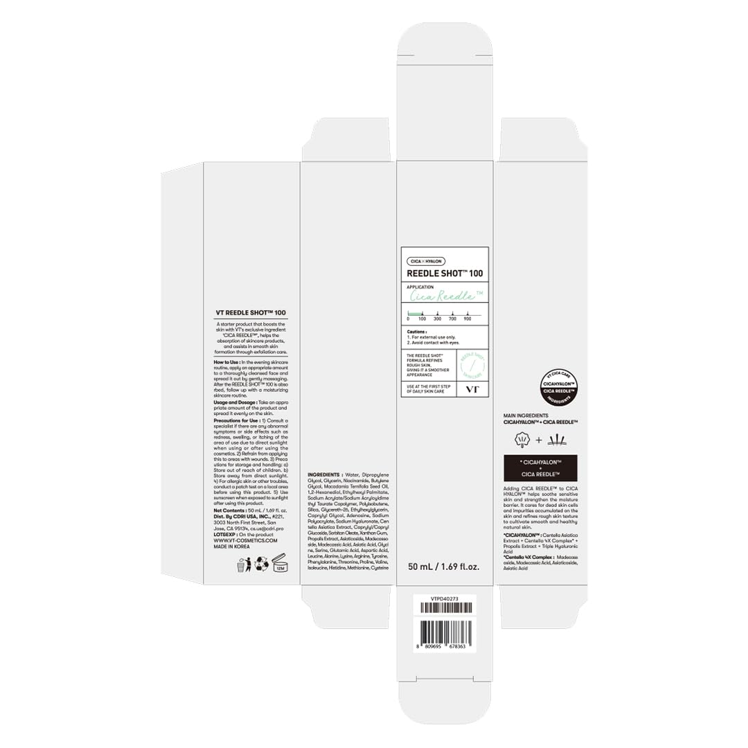 VT COSMETICS CICA Reedle Shot 100 Essence, Daily Face Essence, Centella Complex, Hyaluronic Acid, Green Propolis Extract for All Skin Types 1.69Fl Oz (50ml) Beauty Matters