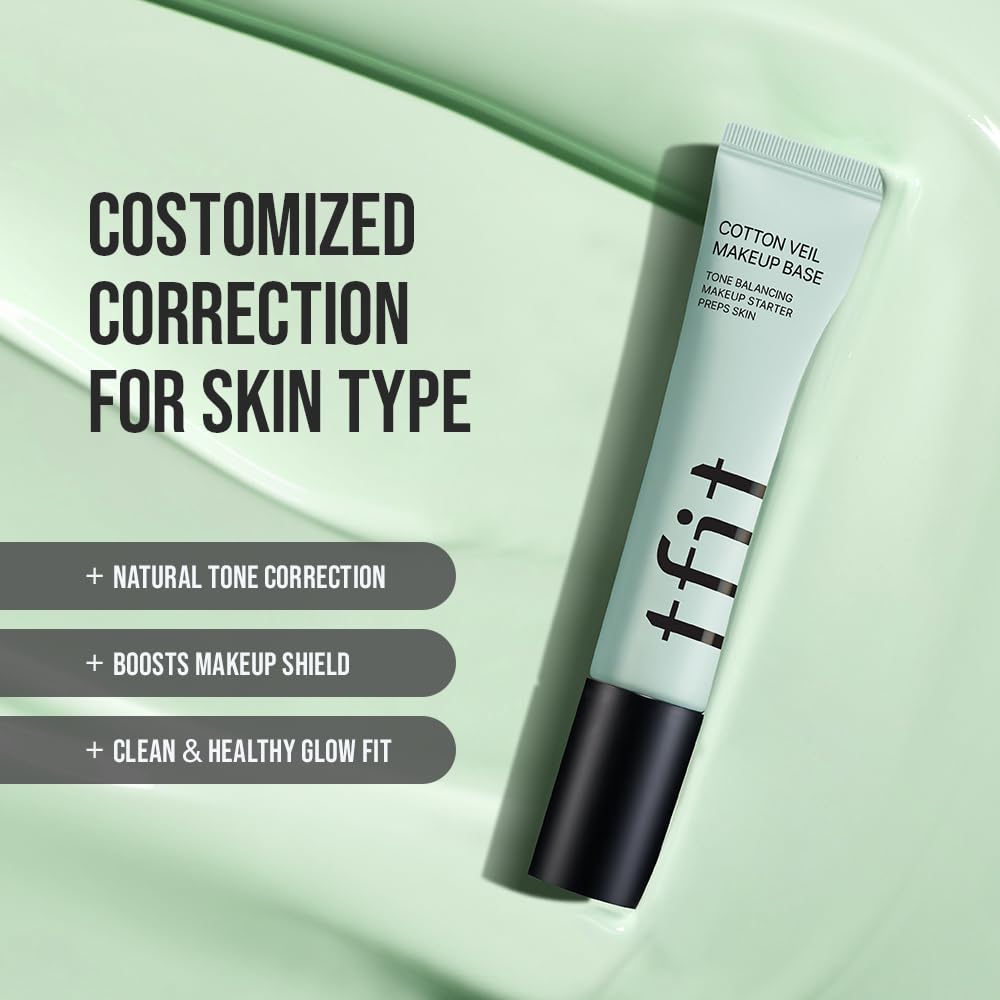 TFIT Cotton Veil Makeup Base - Flawless Coverage for Redness Skin, Tone up Corrector, Lightweight, All Skin Type, Korean Makeup, 01 Pure Green tfit