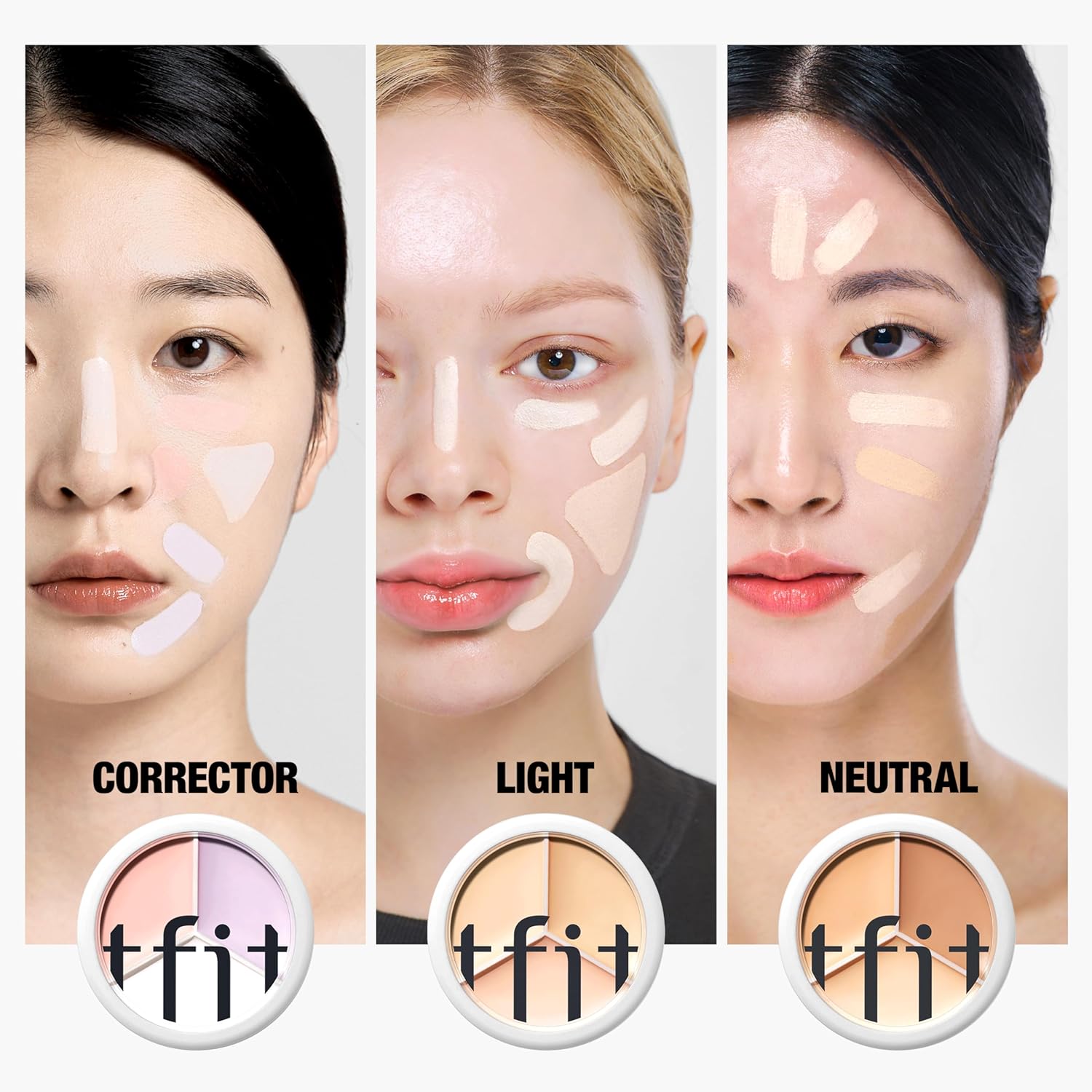 TFIT Cover Up Pro Concealer - Triple Palette | High-Pigmented, Full Coverage & Crease-Proof | Korean Concealer for Dark Circles, Redness & Blemishes (00 Light, 15g) tfit