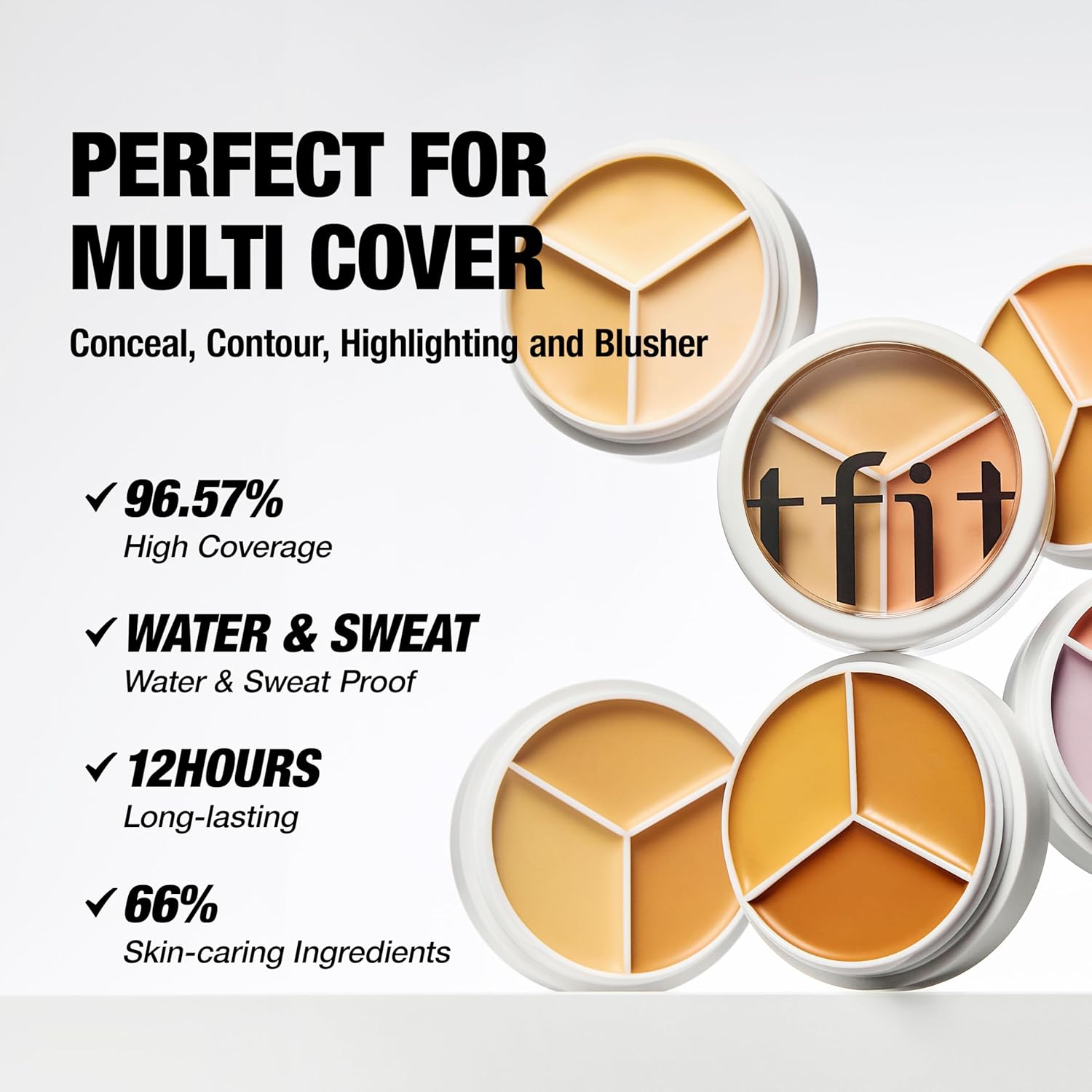 TFIT Cover Up Pro Concealer - Triple Palette | High-Pigmented, Full Coverage & Crease-Proof | Korean Concealer for Dark Circles, Redness & Blemishes (00 Light, 15g) tfit