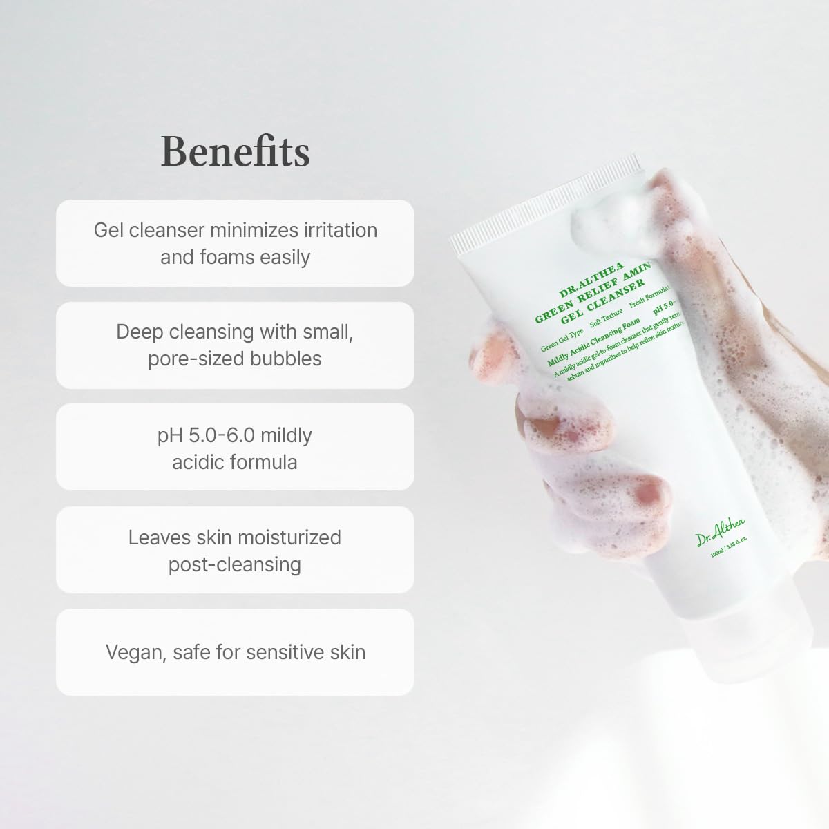 Dr.Althea Green Relief Amino Gel Cleanser | Lightweight & Hydrating Makeup Remover | Daily Face Wash with Hyaluronic Acid | Korean Vegan Skincare for All Skin Types | 100ml Beauty Matters