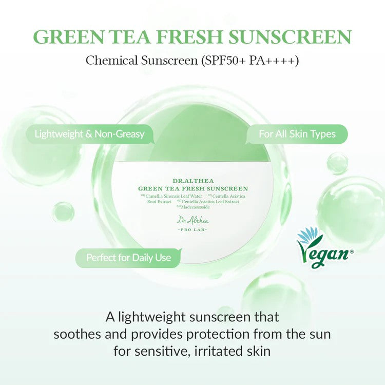Dr.Althea Green Tea Fresh Sunscreen SPF 50+ PA++++ | Lightweight, Non-Greasy UV Protection | Vegan Korean Skincare | 45ml Beauty Matters