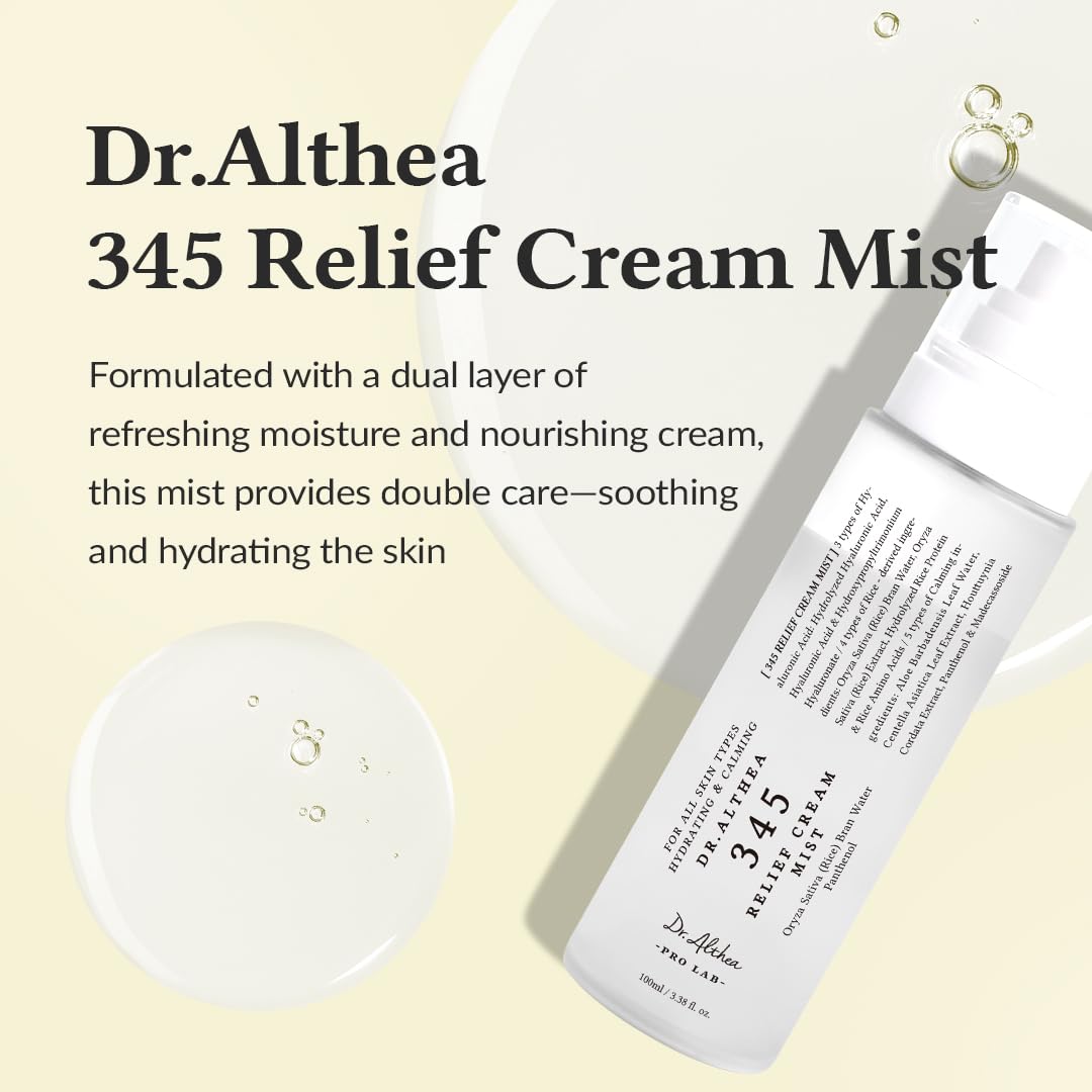 Dr.Althea 345 Relief Cream Mist | Hydrating Facial Mist with Rice Extract | Soothing Care for Sensitive Skin | Vegan Korean Skincare, 100ml Dr.Althea