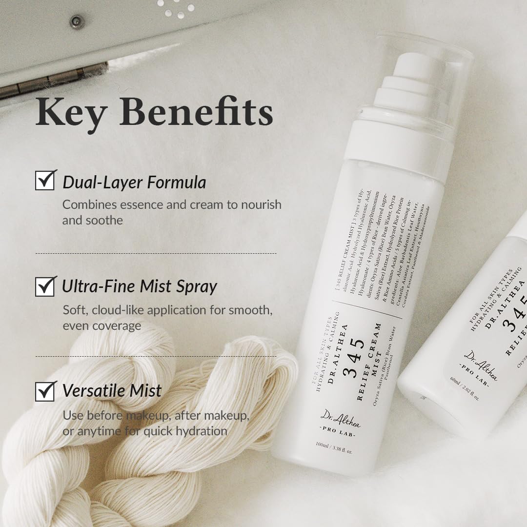 Dr.Althea 345 Relief Cream Mist | Hydrating Facial Mist with Rice Extract | Soothing Care for Sensitive Skin | Vegan Korean Skincare | 60ml Dr.Althea