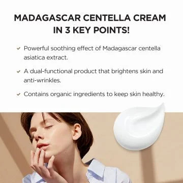 Advertisement for Madagascar Centella Cream with text and a person applying cream.