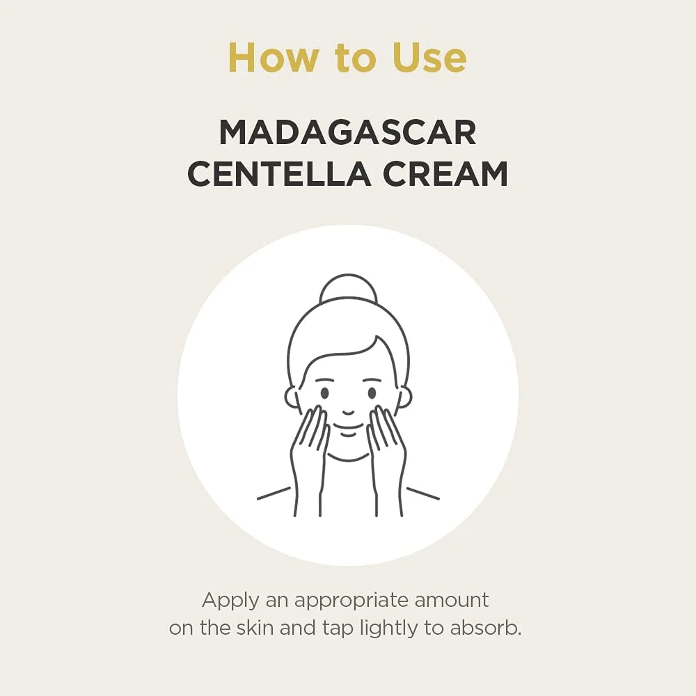 Instructions on how to use Madagascar Centella Cream with a line drawing of a woman applying cream.