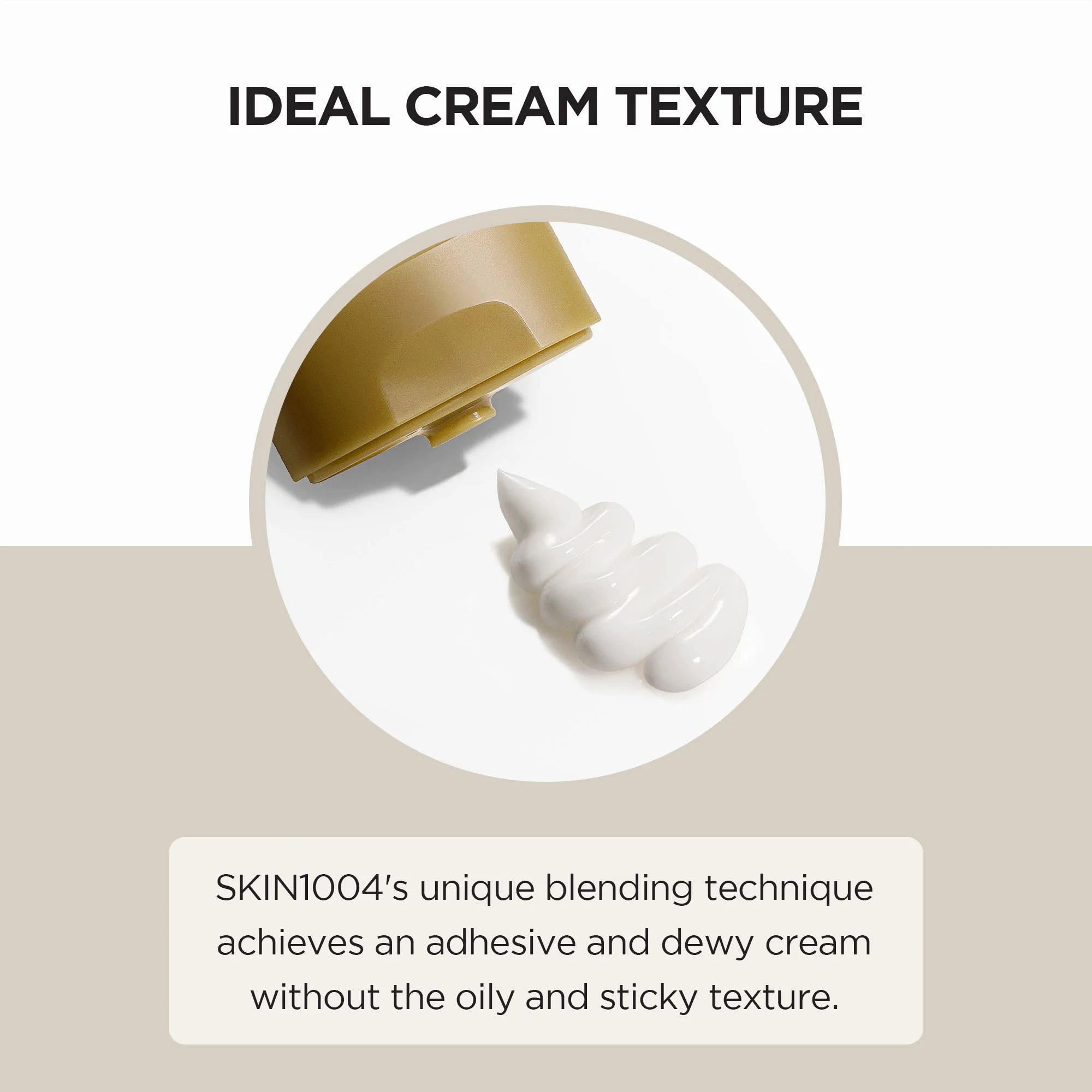Product with a text overlay about ideal cream texture and blending technique.