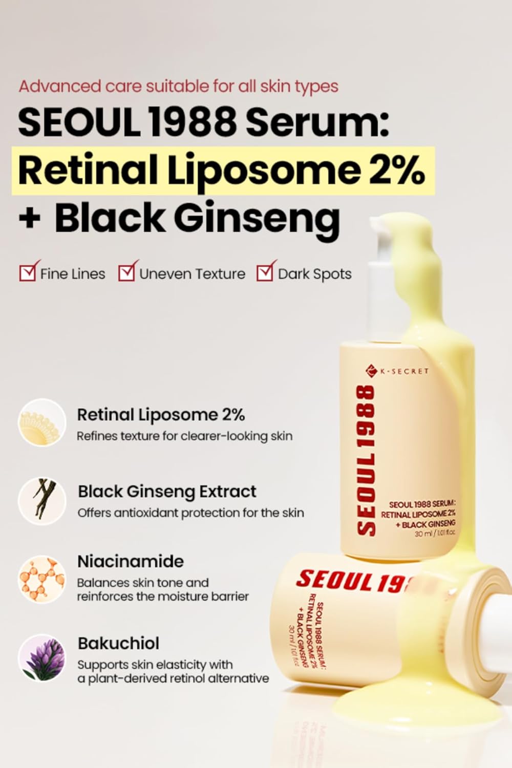 K-SECRET SEOUL 1988 Serum : Retinal Liposome 2% + Black Ginseng, 30ml | 58% Black Ginseng Extract | Retinal serum, Bakuchiol, Vitamin C & 3Peptides for Wrinkle Care | Korean Skincare K-SECRET