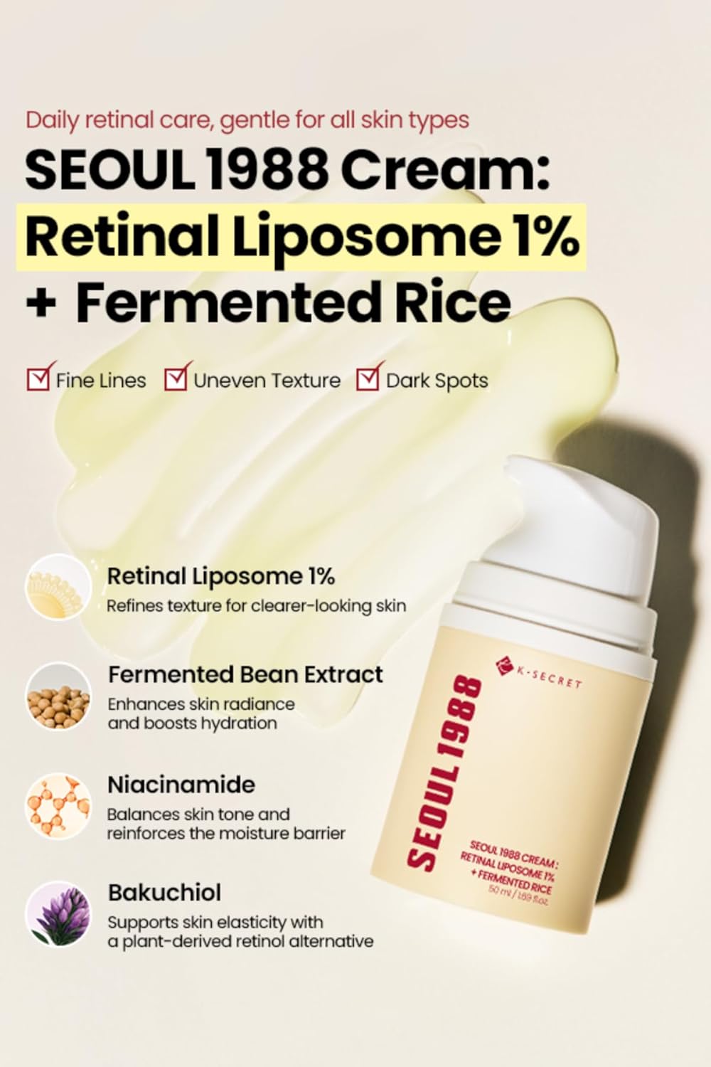 K-SECRET SEOUL 1988 Retinal Cream Formulated with Advanced Retinal Liposome 1% and Fermented Rice Extract | Daily Fine Lines and Skin Texture Care | Korean Skincare, 50ml K-SECRET