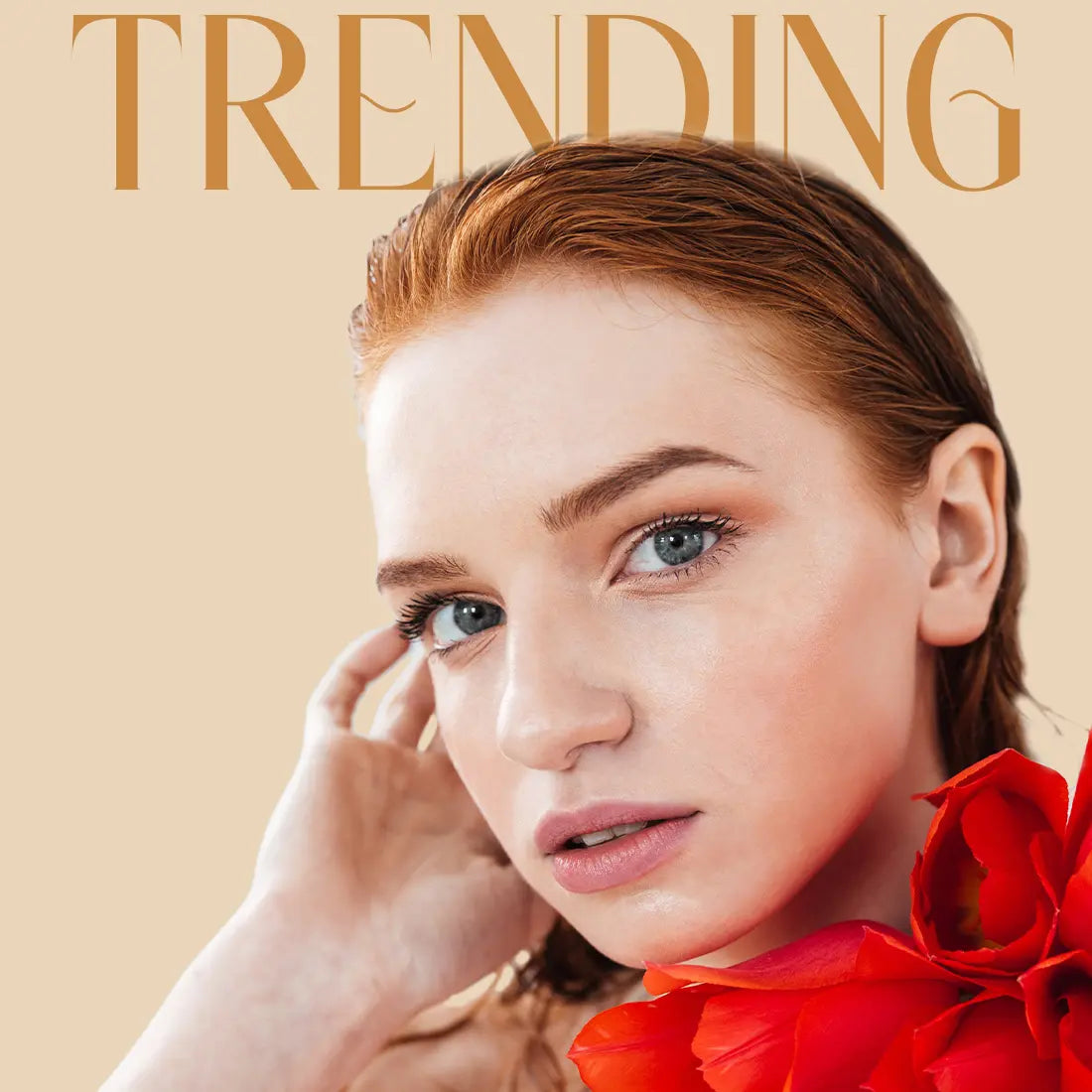 Woman with red hair and a red flower, with 'Trending' text above on a beige background